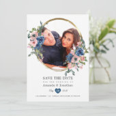 Watercolor Navy en Blush Bloemen Huwelijksfoto Save The Date (Staand voorkant)