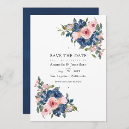 Watercolor Navy en Blush Bloemige Trouwfoto Save The Date