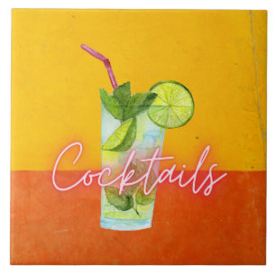 Watercolor & Neon Cocktails Bar Kunst Tegeltje