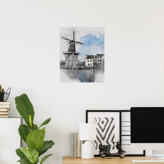 Watercolor Netherlands Windmill – Dutch Poster (Thuiskantoor)