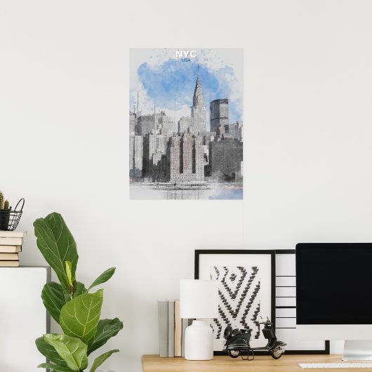 Watercolor New York City Skyline – Manhattan Wall  Poster (Thuiskantoor)