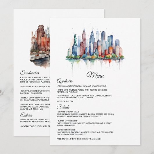 Watercolor New York Huwelijk Menu (Voorkant / Achterkant)