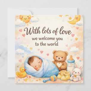 Watercolor Nieuw Baby Welkom Groet met Teddybeer Feestdagenkaart