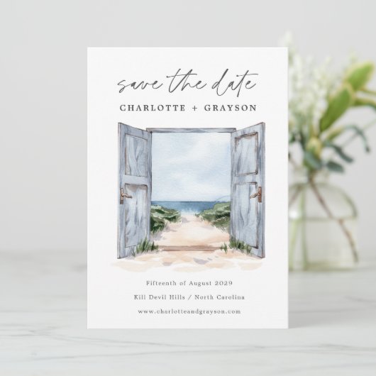 Watercolor Oceaankust Bruiloft Save The Date (Staand voorkant)