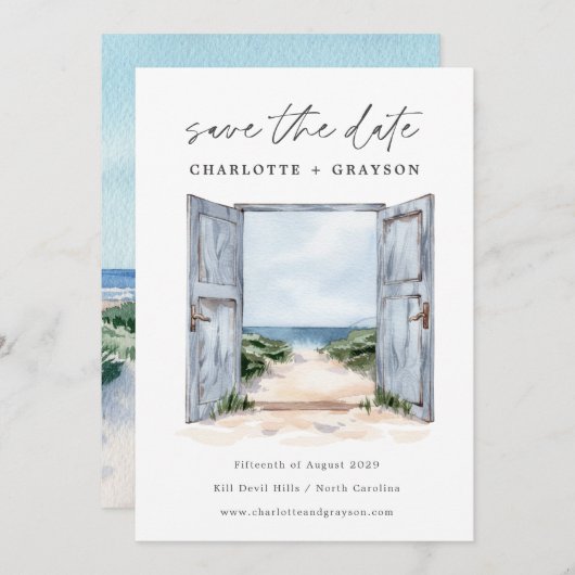 Watercolor Oceaankust Bruiloft Save The Date (Voorkant / Achterkant)