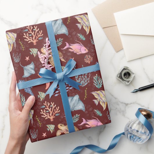 Watercolor Oceaanleven Gestructureerde Sangria Cadeaupapier (Geschenken)