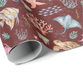 Watercolor Oceaanleven Gestructureerde Sangria Cadeaupapier (Rol Hoek)