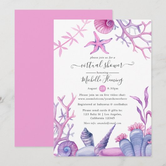 Watercolor Oceaans Leven Virtuele Baby Shower Kaart (Voorkant / Achterkant)