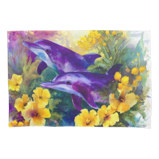 Watercolor Ocean Dolphins Tropical Flowers Kussensloop (Voorkant)