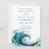 Watercolor Ocean Wave Navy Blue QR Code Wedding Kaart (Voorkant)