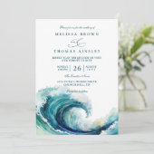 Watercolor Ocean Wave Navy Blue QR Code Wedding Kaart (Staand voorkant)