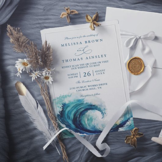 Watercolor Ocean Wave Navy Blue QR Code Wedding Kaart