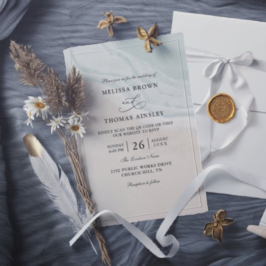 Watercolor Ocean Waves Budget QR Code Wedding Kaart