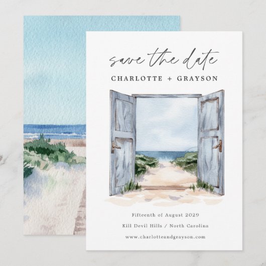 Watercolor Oceeaan Strand Bruiloft Save The Date (Voorkant / Achterkant)