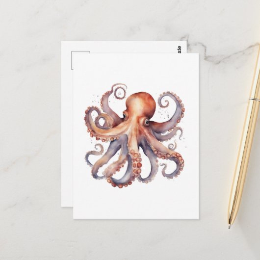 Watercolor Octopus Briefkaart (Voorkant / Achterkant in situ)