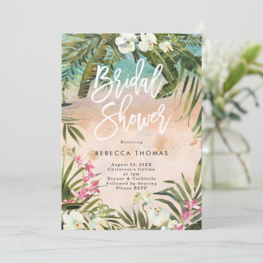 Watercolor oerwoud Palms Bruids Douche Uitnodiging (Staand voorkant)