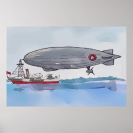 Watercolor of a dirigible tethered to a boat poster