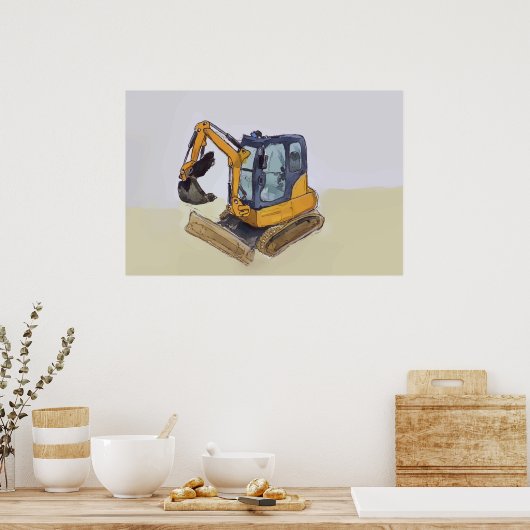 Watercolor of a little backhoe poster (Keuken)