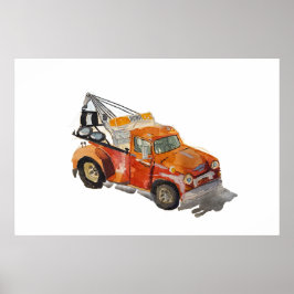 Watercolor of a orange rusty tow truck poster