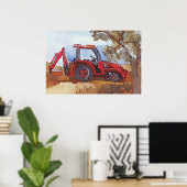 Watercolor of a orange tractor backhoe poster (Thuiskantoor)