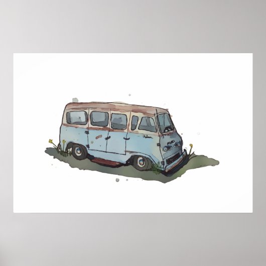 Watercolor of a rusty old antique van poster (Voorkant)