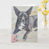 Watercolor of black dog on folded Greeting Card Kaart (Gele Bloem)