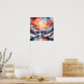 Watercolor of snow covered mountains under sunset poster (Keuken)