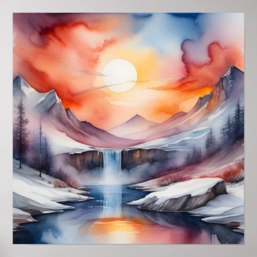 Watercolor of snow covered mountains under sunset poster (Voorkant)