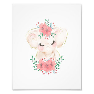Watercolor Olifant met Bloemen Foto Print Afdruk
