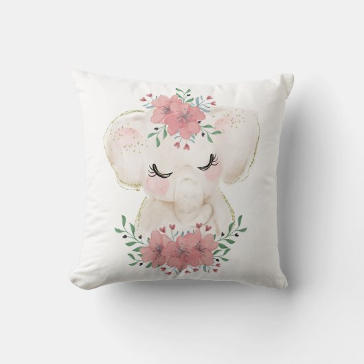Watercolor Olifant met Bloemen Kussen (Voorkant)