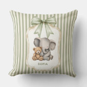 Watercolor Olifant Teddybeer Knuffel Groen Streep Kussen (Voorkant)