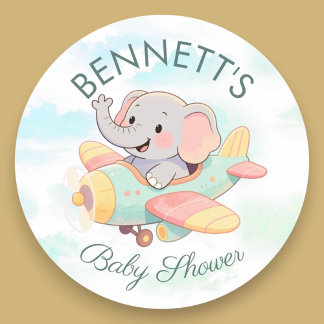 Watercolor Olifant Vliegtuig Baby Shower Sticker