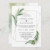 Watercolor Olijfbladeren Gouden Frame Trouw Uitnod Kaart (Voorkant / Achterkant)