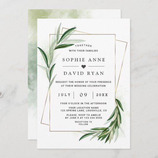 Watercolor Olijfbladeren Gouden Frame Trouw Uitnod Kaart (Voorkant / Achterkant)