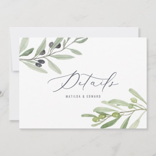 Watercolor olijftak blad bruiloft details aankondiging (Voorkant)