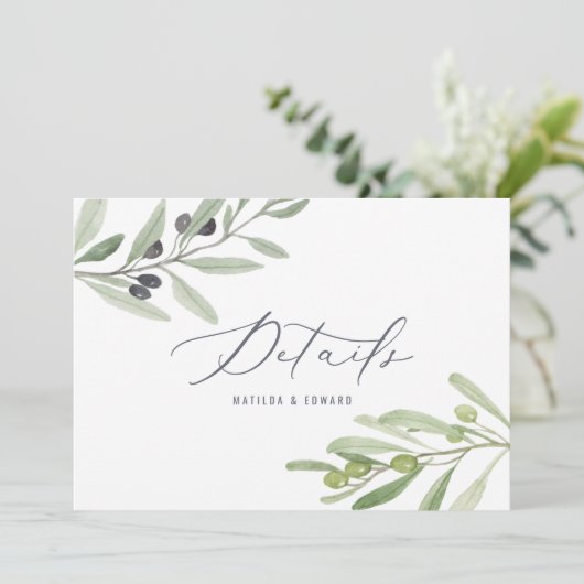 Watercolor olijftak blad bruiloft details aankondiging (Staand voorkant)