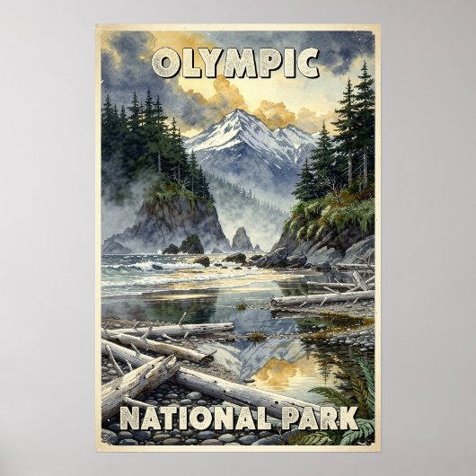 Watercolor Olympic National Park Retro Poster (Voorkant)