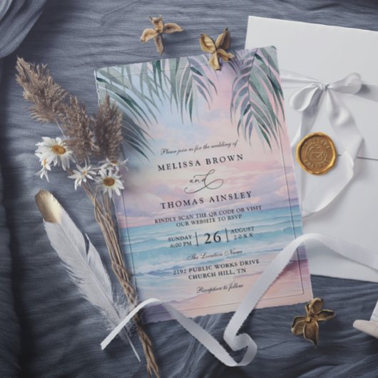 Watercolor On The Beach Elegant QR Code Wedding Kaart