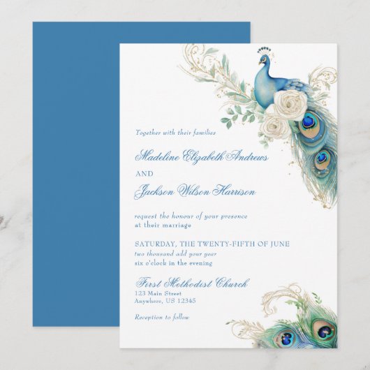 Watercolor Ontwerper Blauwe Monogram Crest Trouwen Kaart (Voorkant / Achterkant)