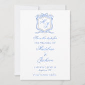Watercolor Ontwerper Blauwe Monogram Wapen Trouwen Save The Date (Voorkant)