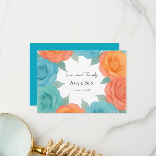 Watercolor Orange and Teal Roses Wedding Bedankkaart (Voorkant / Achterkant in situ)