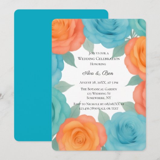 Watercolor Orange and Teal Roses Wedding Kaart (Voorkant / Achterkant)