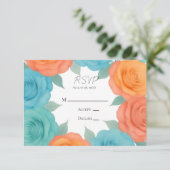 Watercolor Orange and Teal Roses Wedding RSVP Kaartje (Staand voorkant)