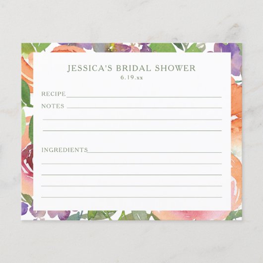 Watercolor Orange Floral Bridal Shower Recipe Card (Voorkant)