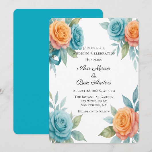 Watercolor Orange & Teal Roses Wedding Kaart (Voorkant / Achterkant)