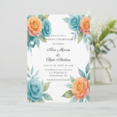 Watercolor Orange & Teal Roses Wedding Kaart (Staand voorkant)