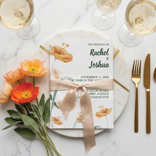 Watercolor Orange Wildflower & Sage Green Wedding Kaart