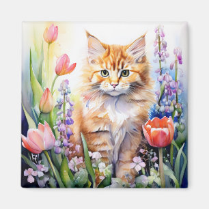 Watercolor Oranje Kittie Kat In Bloementuin Magneet