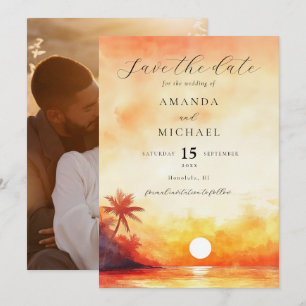 Watercolor Oranje Zonsondergang Palm Beach Bruilof Save The Date