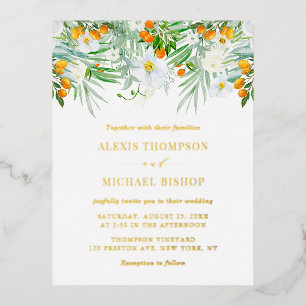 Watercolor Orchideeën en Kumquats Tropische Trouw Folie Uitnodiging Briefkaart